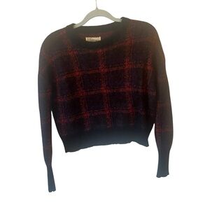 current/elliott wool plaid grid red gray cropped sweater size 0